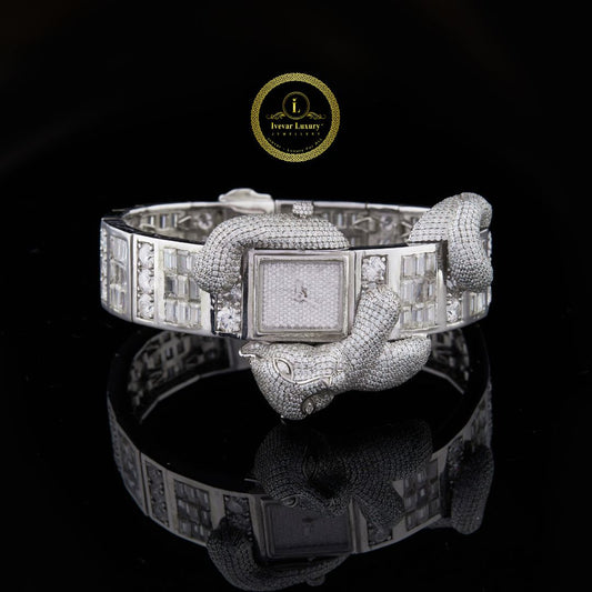 Full Iced Out Panther Diamond Watch with Square Pavé Dial & Baguette Link Band