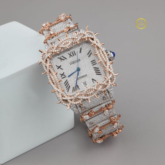 Full Iced Out Custom Diamond Watch with Thorn Bezel, Roman Dial & Date Display