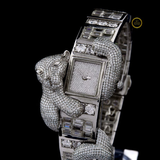 Full Iced Out Panther Diamond Watch with Square Pavé Dial & Baguette Link Band - View 2