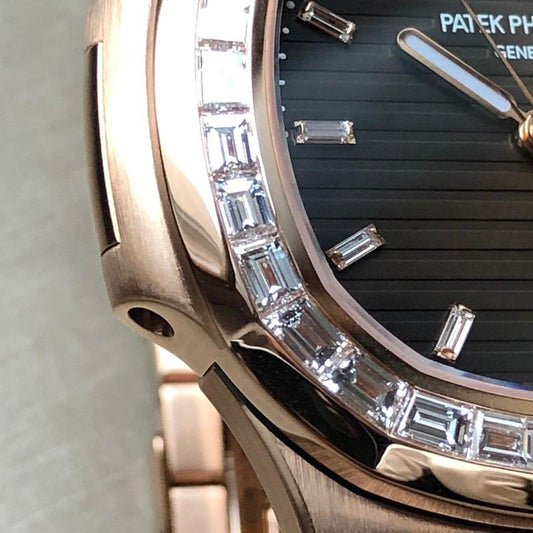 Rose Gold Diamond Baguette Bezel Luxury Sports Watch with Black Dial