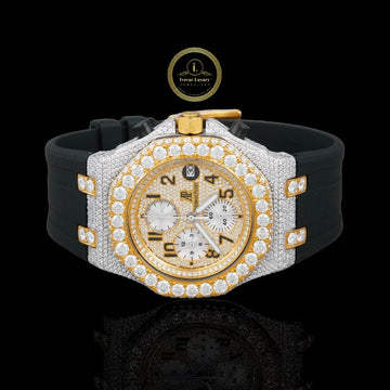 Full Iced Out Diamond Chronograph Watch with Black Rubber Strap & Diamond Bezel