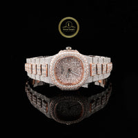 Full Iced Out Two-Tone Diamond Watch with Rose Pavé Dial & Baguette Links