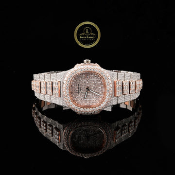 Full Iced Out Two-Tone Diamond Watch with Rose Pavé Dial & Baguette Links