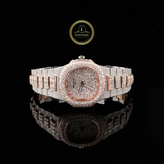 Full Iced Out Two-Tone Diamond Watch with Rose Pavé Dial & Baguette Links