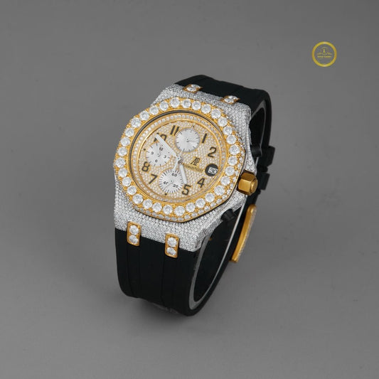 Full Iced Out Diamond Chronograph Watch with Black Rubber Strap & Diamond Bezel