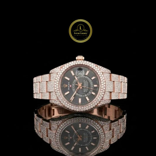 Full Iced Out Diamond Sky-Dweller Watch with Slate Gray GMT Dial & Annual Calendar
