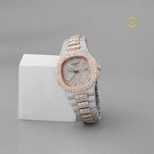 Full Iced Out Two-Tone Diamond Watch with Rose Pavé Dial & Baguette Links