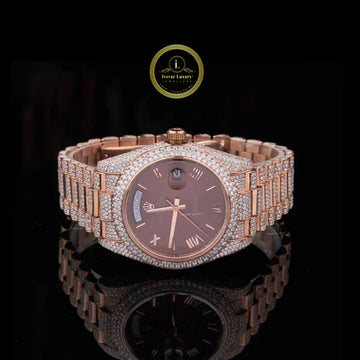 Full Iced Out Diamond Day-Date Watch with Chocolate Brown Dial & Rose Finish