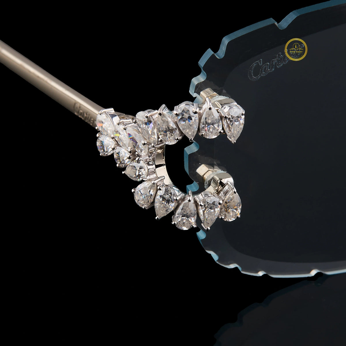 Rimless Rectangular Diamond Sunglasses with Floral Bridge & Open-Loop Diamond Hinges - View 4