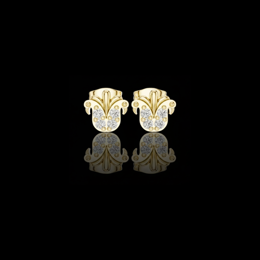 Regal Quartet Round Moissanite Diamond Stud Earrings with Sculpted Crest Design