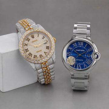 Elite Prestige Collection – Sapphire Blue Face Watch & Moissanite Diamond Two Tone Gold And Silver Watch