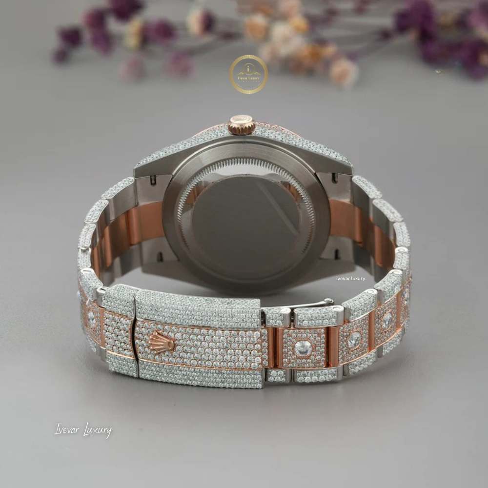 Full Iced Out Two-Tone Calendar Watch with Black Roman Diamond Dial - View 4