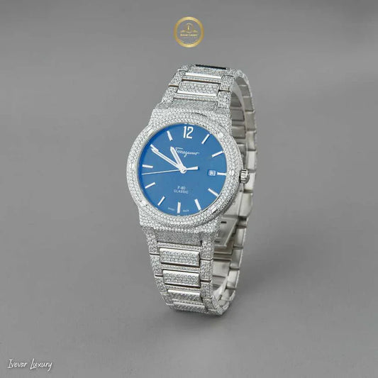 Green Sunburst Dial Diamond Bezel Watch with Pave Bracelet White Gold Finish