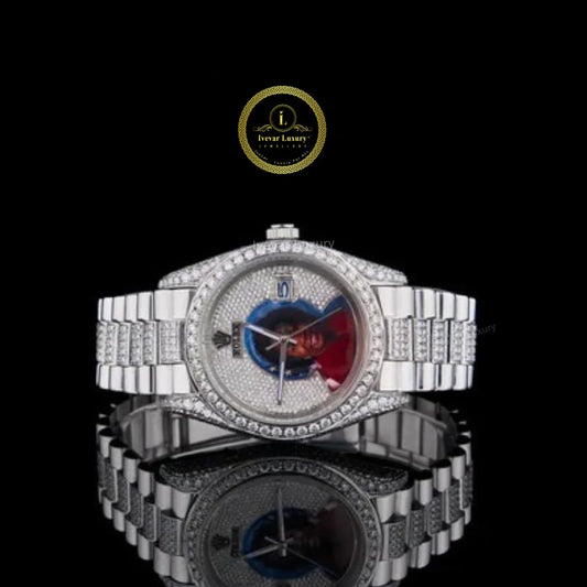 Custom Photo Dial Iced Out Diamond Luxury Watch with Silver Stainless Steel Bracelet