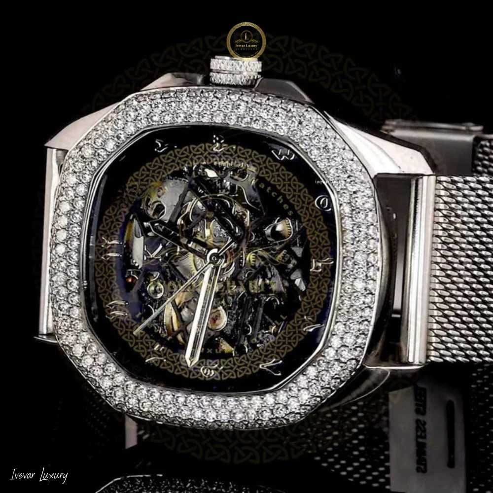 Skeleton Watch with Diamond Bezel & Milanese Mesh Bracelet - View 2