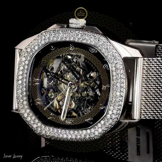 Skeleton Watch with Diamond Bezel & Milanese Mesh Bracelet - View 2