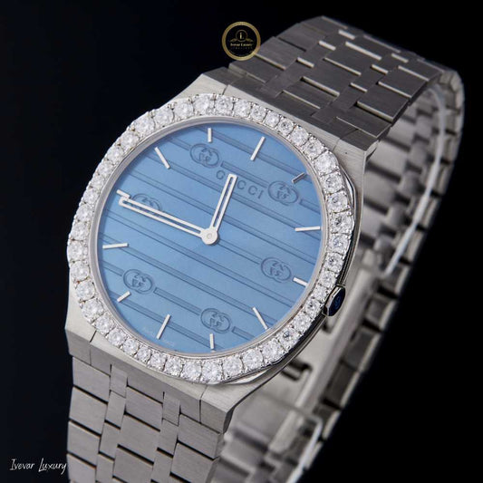 Round Cut Diamond Bezel Blue Dial Dress Watch with Multi-Link Bracelet