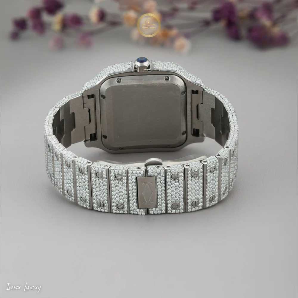 Full Iced Out Square Diamond Watch Black Roman Numerals & Two-Tone Band - View 4