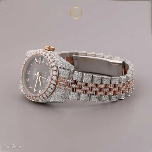 Sustainable Two-Tone Diamond Encrusted Luxury Watch with Black Roman Dial