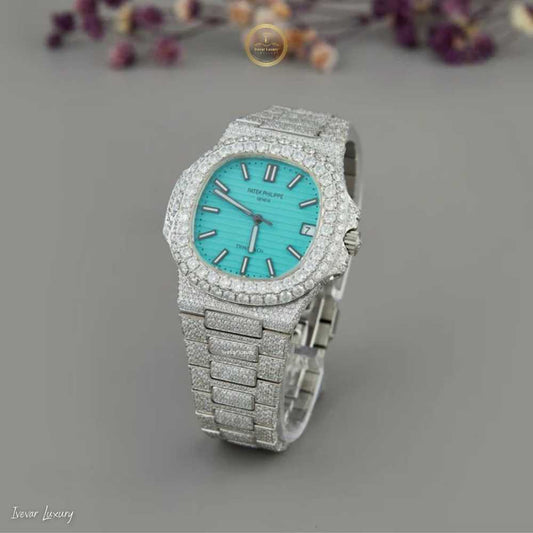Full Iced Out Nautilus Style Watch with Tiffany Blue Face & Diamond Bracelet
