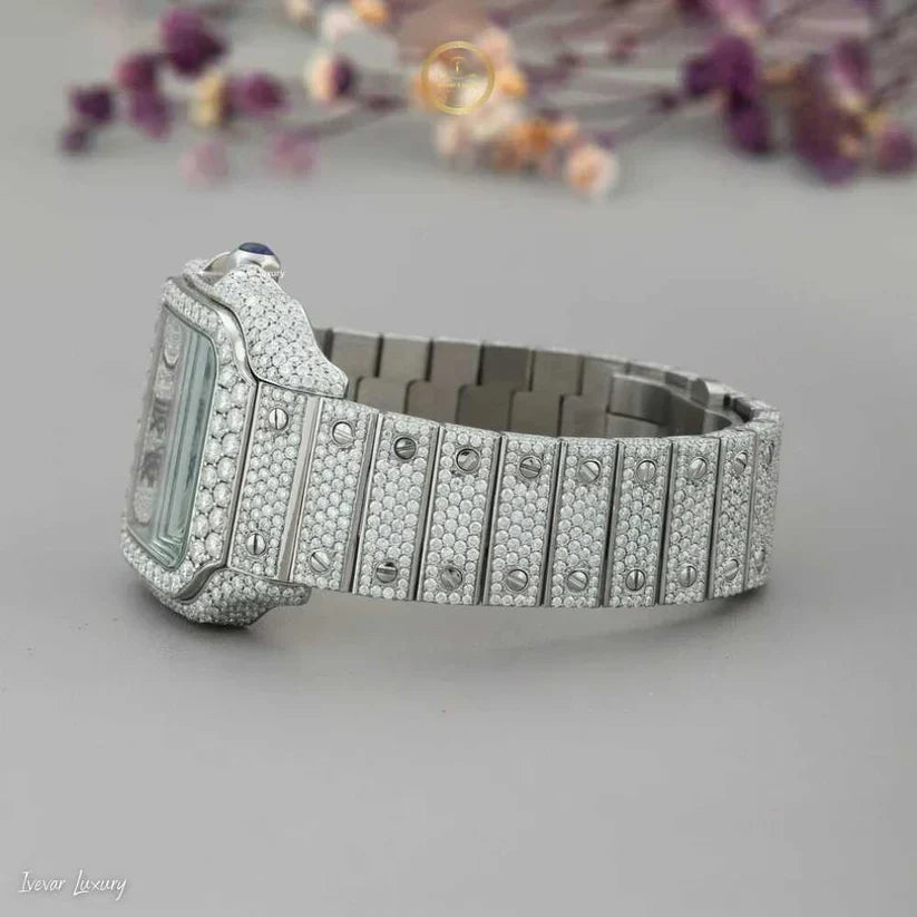 Full Iced Out White Gold Square Watch with Diamond Dial & Roman Numerals - View 3