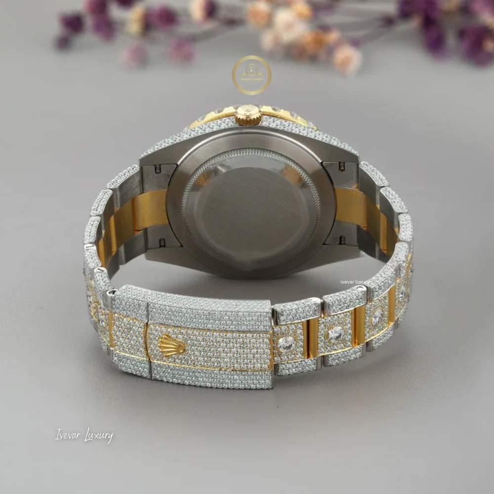 Full Iced Out Two-Tone Calendar Watch with Black Roman Diamond Dial and Date Display - View 4