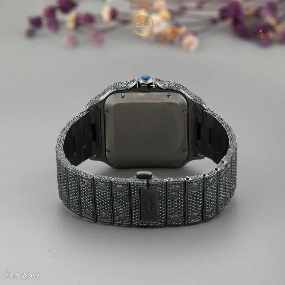 Full Iced Out Black Rhodium Square Watch with Diamond Dial & Roman Numerals - View 4