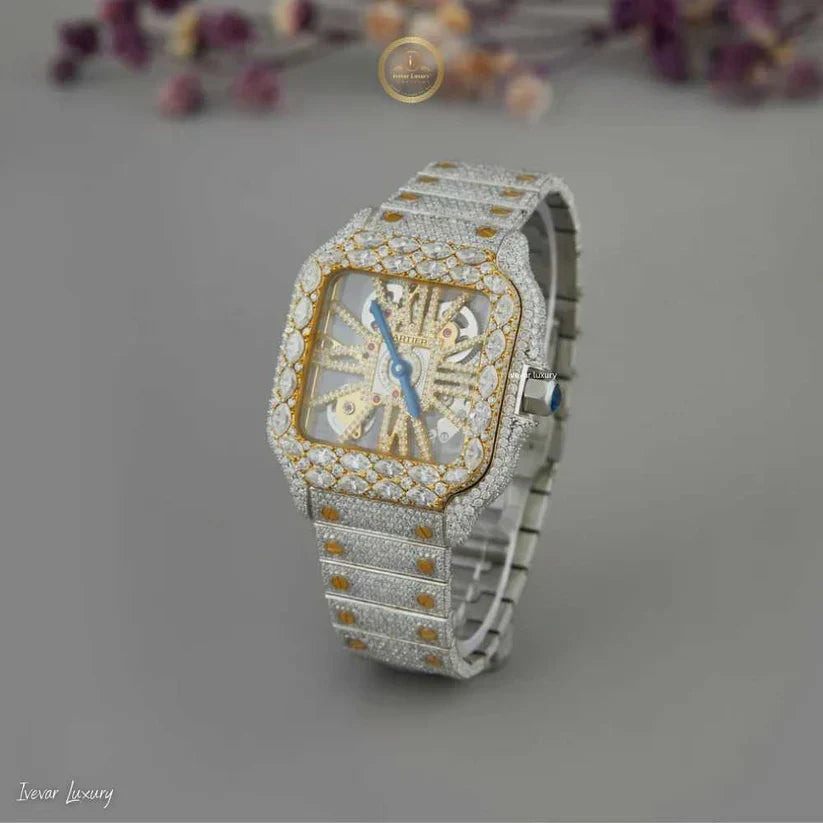 Full Iced Out Two-Tone Skeleton Square Style Watch with Diamond Band - View 2
