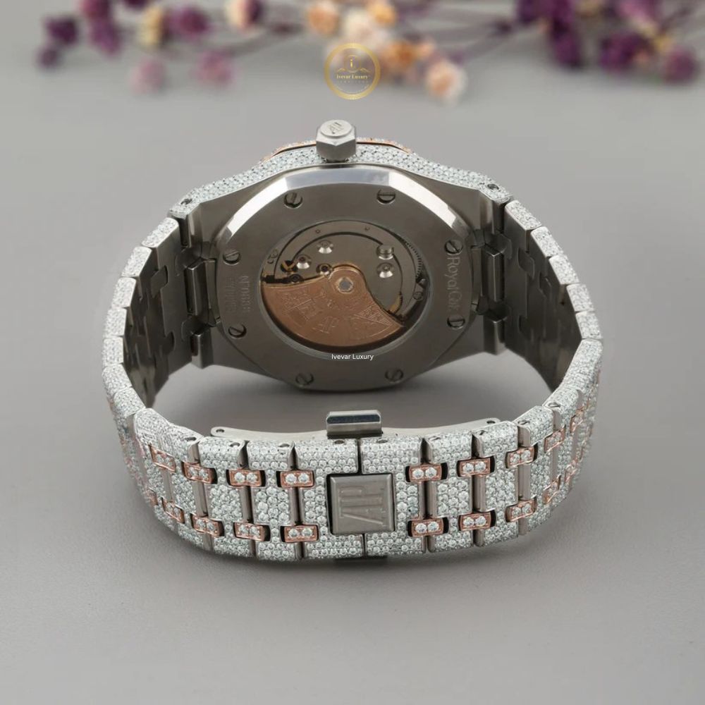 Full Iced Out Two-Tone Calendar Diamond Watch with Arabic Numeral Dial - View 4