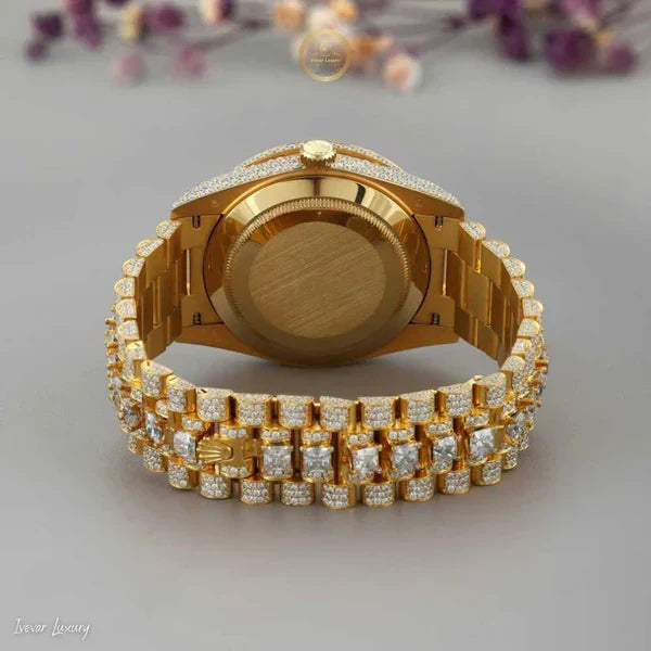 Yellow Gold Calendar Watch with Round Diamond Bracelet & Diamond Bezel - View 4