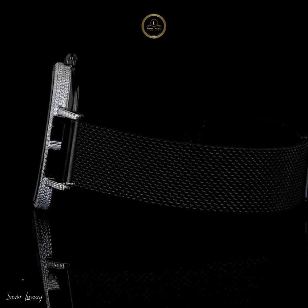 Round Cut Moissanite Diamond Bezel Watch with Milanese Mesh Bracelet - View 3