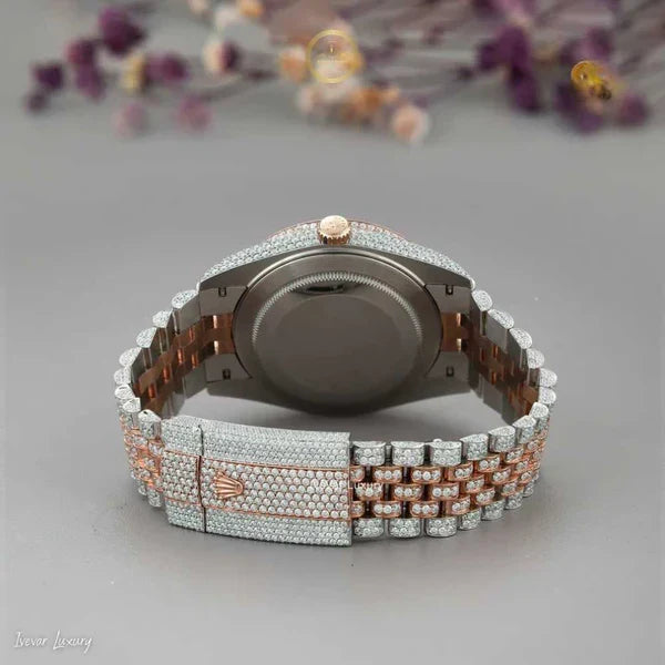 Full Iced Out Two-Tone Calendar Watch with White MOP Dial & Diamond Markers - View 4
