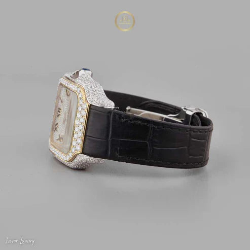 Exquisite Diamond-Studded Square Luxury Timepiece with Roman Numerals and Black Leather Strap