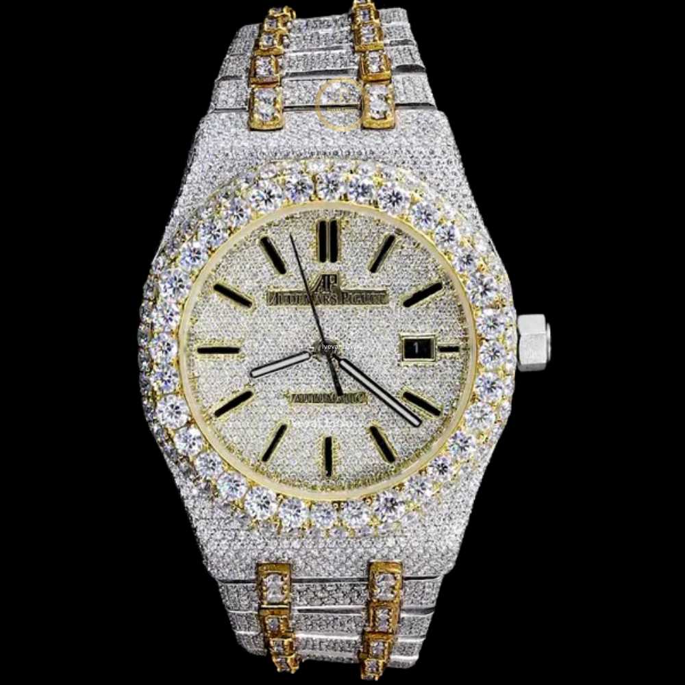 Full Iced Out Diamond Watch with Yellow Gold Accents & Pavé Diamond Bracelet - View 2
