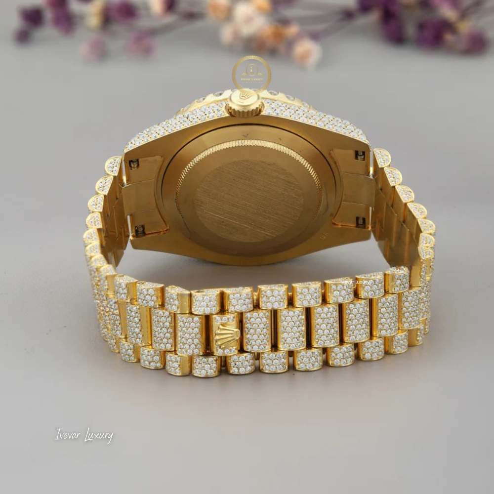 Full Iced Out Yellow Gold Calendar Watch with Arabic Numeral Diamond Dial - View 4