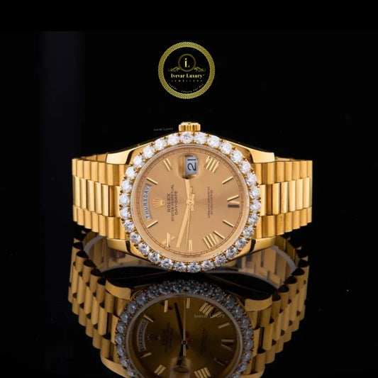 Round Cut Diamond Bezel Champagne Dial President Bracelet Day-Date Watch