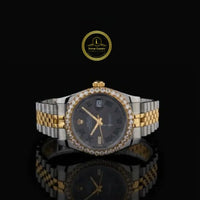 Round Cut Diamond Bezel Black Roman Dial Two-Tone Jubilee Bracelet Watch