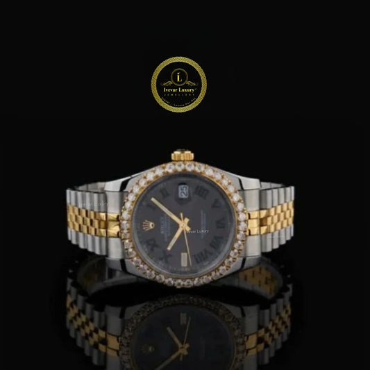 Round Cut Diamond Bezel Black Roman Dial Two-Tone Jubilee Bracelet Watch