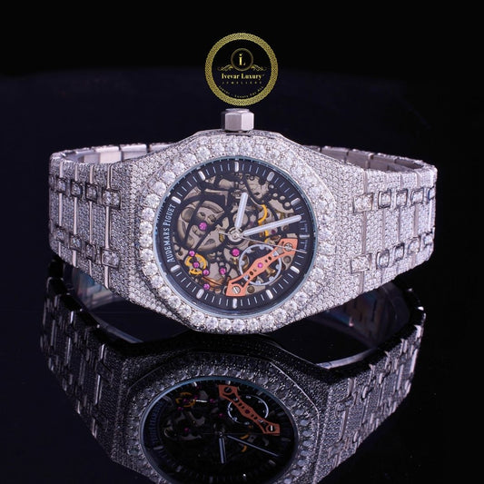 Full Iced Out Diamond Skeleton Watch with Open-Work Dial & Pave Link Band