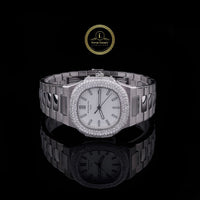 Round Cut Lab Diamond On Bezel Octagonal White Dial Watch with Steel Link Bracelet