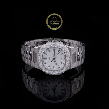 Round Cut Lab Diamond On Bezel Octagonal White Dial Watch with Steel Link Bracelet