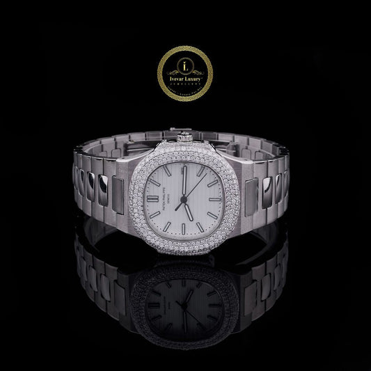 Round Cut Lab Diamond On Bezel Octagonal White Dial Watch with Steel Link Bracelet