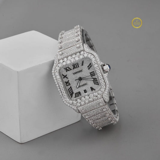 Full Iced Out Diamond Square Watch with Roman Dial & Date Display