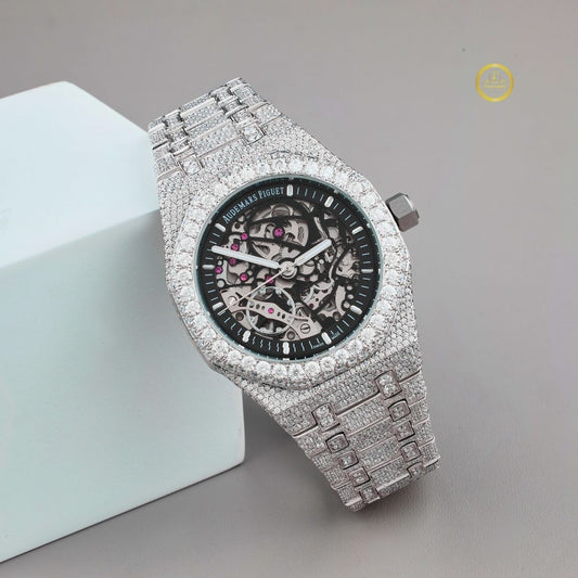 Full Iced Out Diamond Skeleton Watch with Open-Work Dial & Pave Link Band