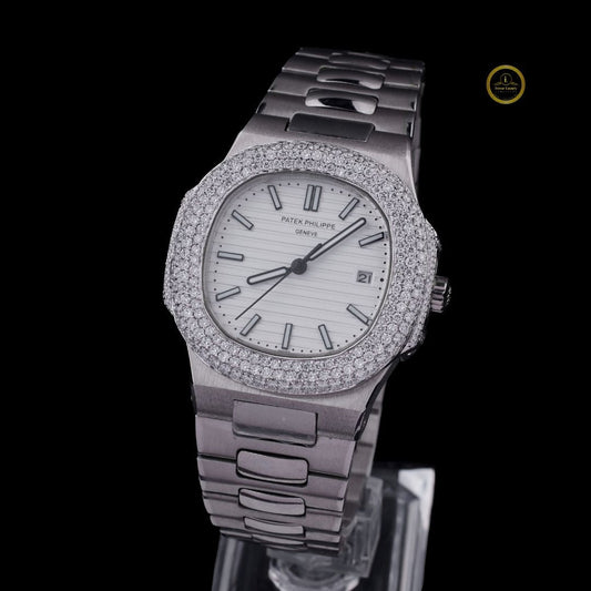 Round Cut Lab Diamond On Bezel Octagonal White Dial Watch with Steel Link Bracelet