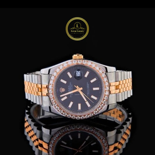 Round Cut Diamond Bezel Black Dial Two-Tone Jubilee Bracelet Watch