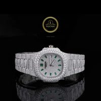 Full Iced Out Round Cut Diamond Octagonal Watch with Green Emerald-Cut Hour Markers