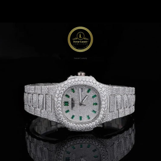 Full Iced Out Round Cut Diamond Octagonal Watch with Green Emerald-Cut Hour Markers