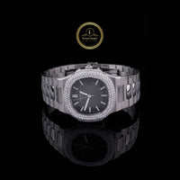 Round Cut Diamond Triple Row Bezel Octagonal Black Dial Watch with Steel Link Bracelet