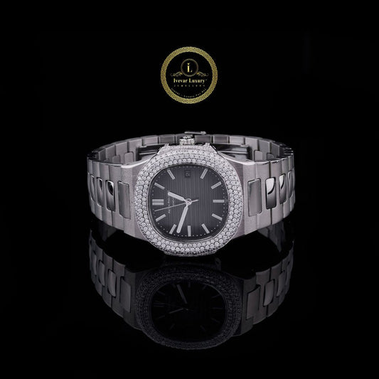 Round Cut Diamond Triple Row Bezel Octagonal Black Dial Watch with Steel Link Bracelet